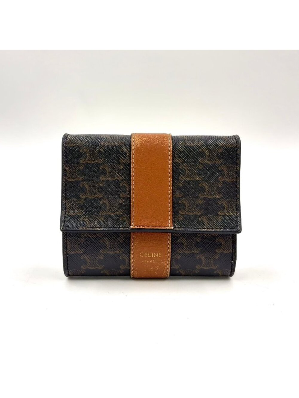 Celine Triomphe Leather Canvas Brown Black Trifold Wallet Gold